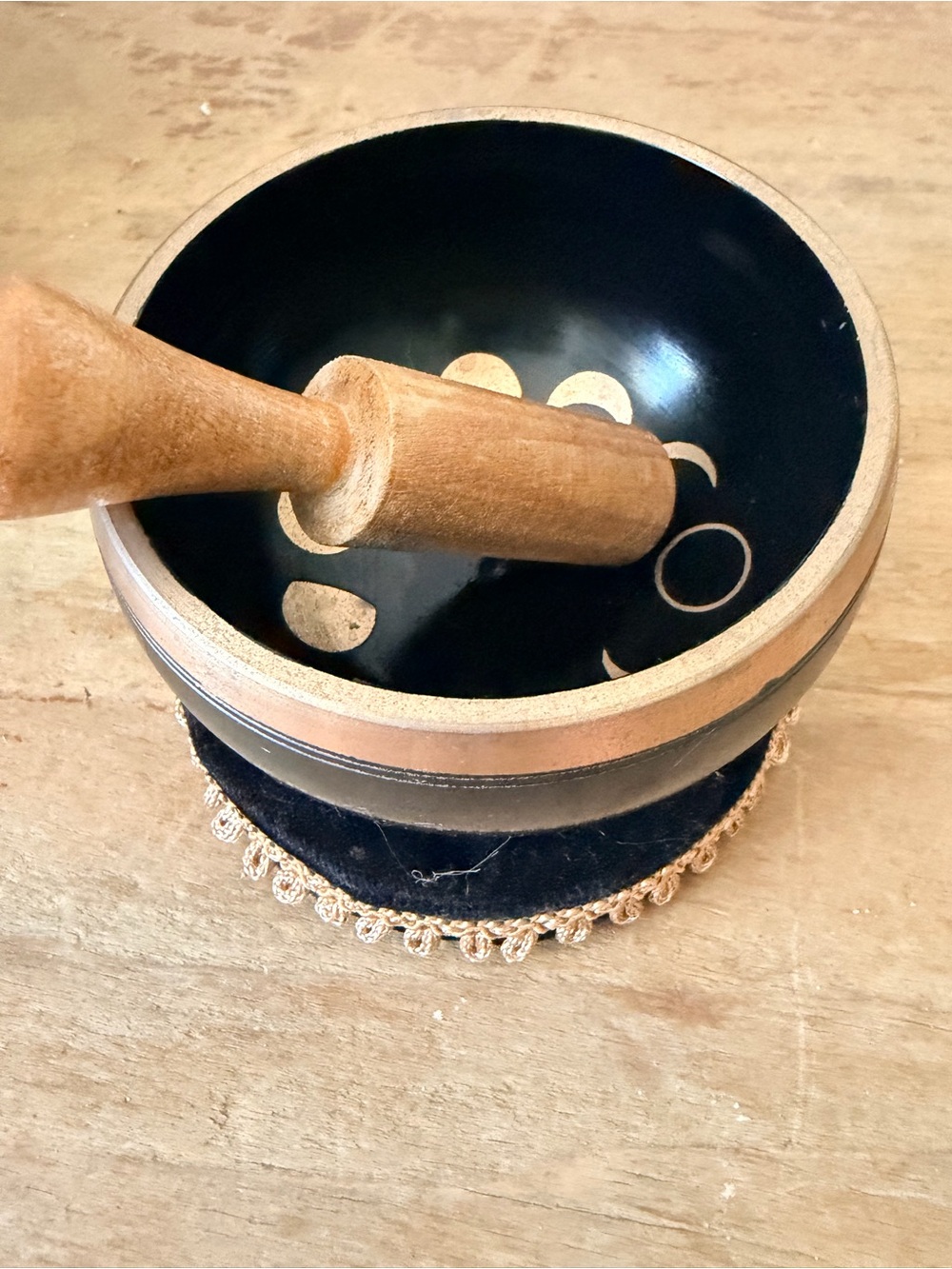 Moon Phase Singing Bowl w/ Striker & Embroidered Cushion 3”